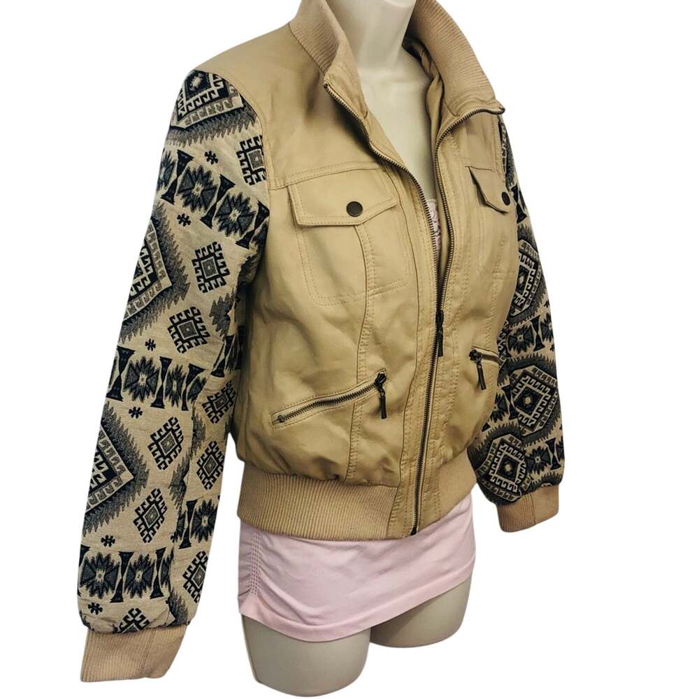 New Look Tan Tribal Print Faux Leather Jacket Zip Front Closure and Pockets - Picture 6 of 16
